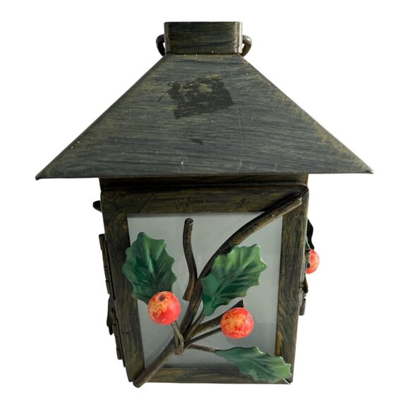 Vintage Holiday Lantern with Holly & Berry Accents – Metal & Frosted Glass - Picture 1 of 6